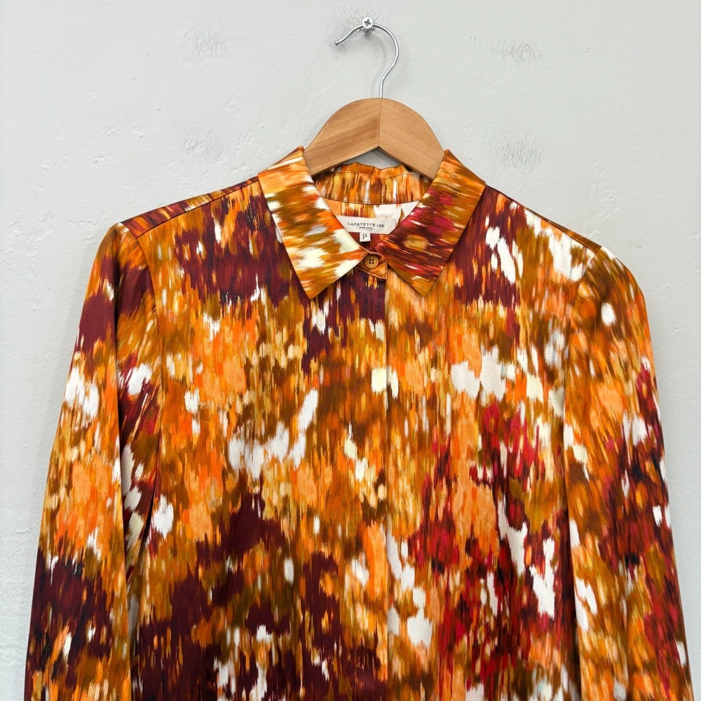 Lafayette 148 New York Scottie Blouse Shirt Women Size Medium Orange Button Up - Picture 3 of 15
